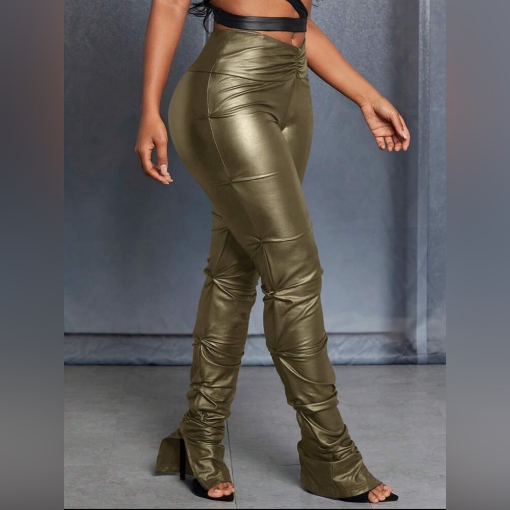 SHEIN Slayr Women's High Waist Faux Leather Side Twist Slit Hem Long Pants
